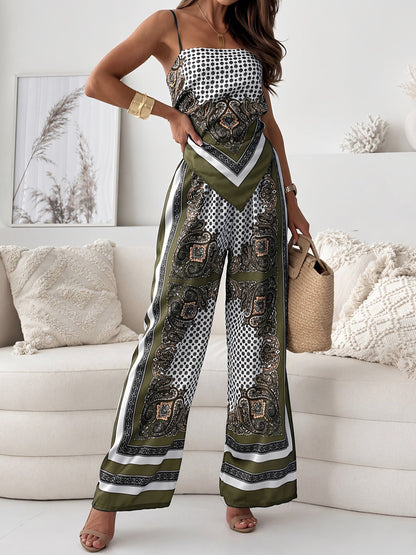 Effortless Paisley Print Jumpsuit for Women with Spaghetti Strap Backless Wide Leg Bohemian Style