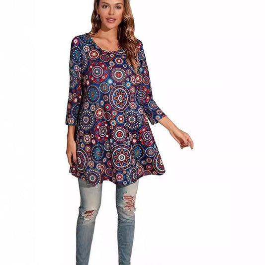Effortless Medallion Print Tunic Dress for Women with Round Neck Elbow Sleeve Swing Boho Style