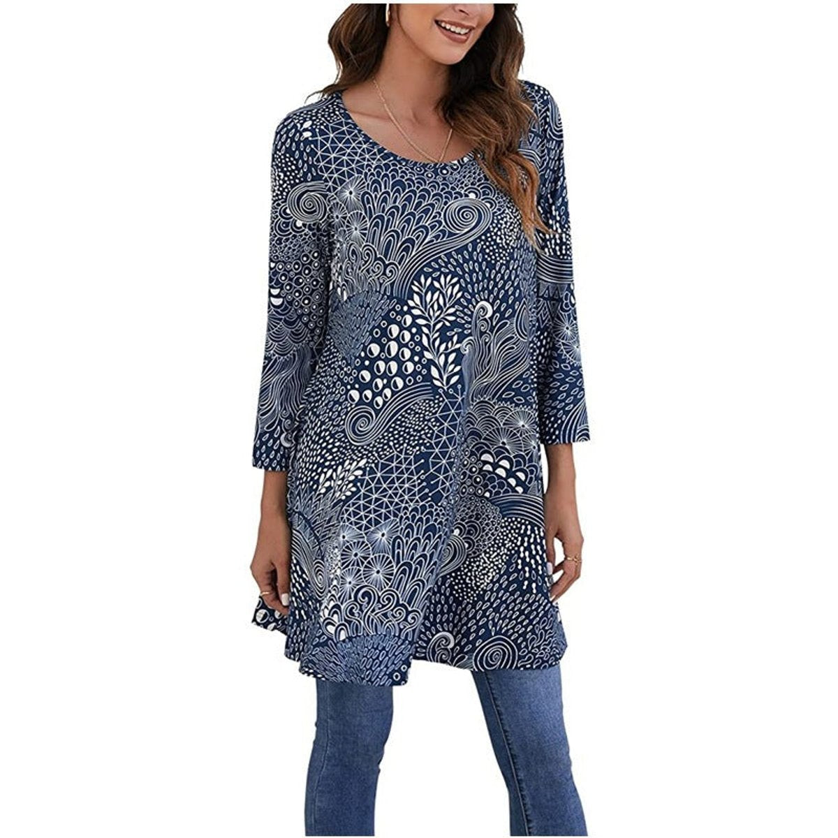 Effortless Medallion Print Tunic Dress for Women with Round Neck Elbow Sleeve Swing Boho Style