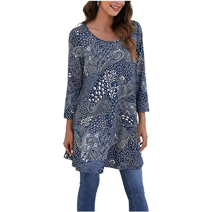Effortless Medallion Print Tunic Dress for Women with Round Neck Elbow Sleeve Swing Boho Style
