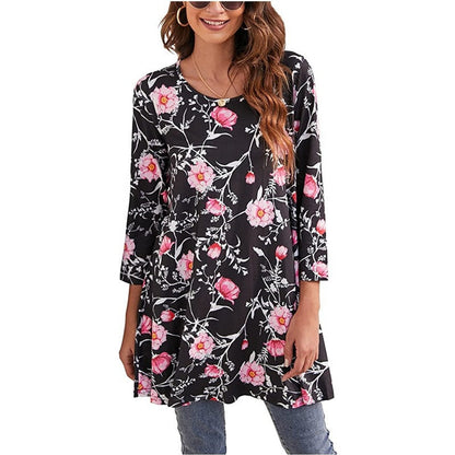 Effortless Medallion Print Tunic Dress for Women with Round Neck Elbow Sleeve Swing Boho Style