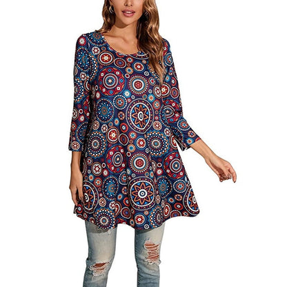 Effortless Medallion Print Tunic Dress for Women with Round Neck Elbow Sleeve Swing Boho Style