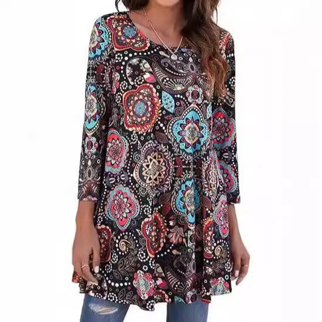 Effortless Medallion Print Tunic Dress for Women with Round Neck Elbow Sleeve Swing Boho Style