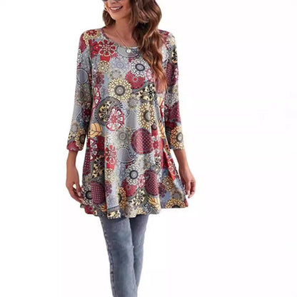 Effortless Medallion Print Tunic Dress for Women with Round Neck Elbow Sleeve Swing Boho Style