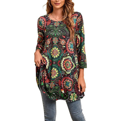 Effortless Medallion Print Tunic Dress for Women with Round Neck Elbow Sleeve Swing Boho Style