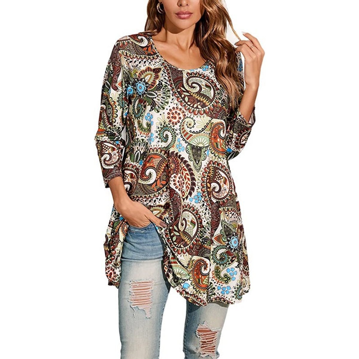 Effortless Medallion Print Tunic Dress for Women with Round Neck Elbow Sleeve Swing Boho Style