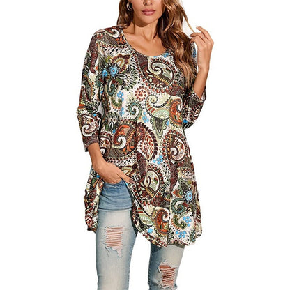 Effortless Medallion Print Tunic Dress for Women with Round Neck Elbow Sleeve Swing Boho Style