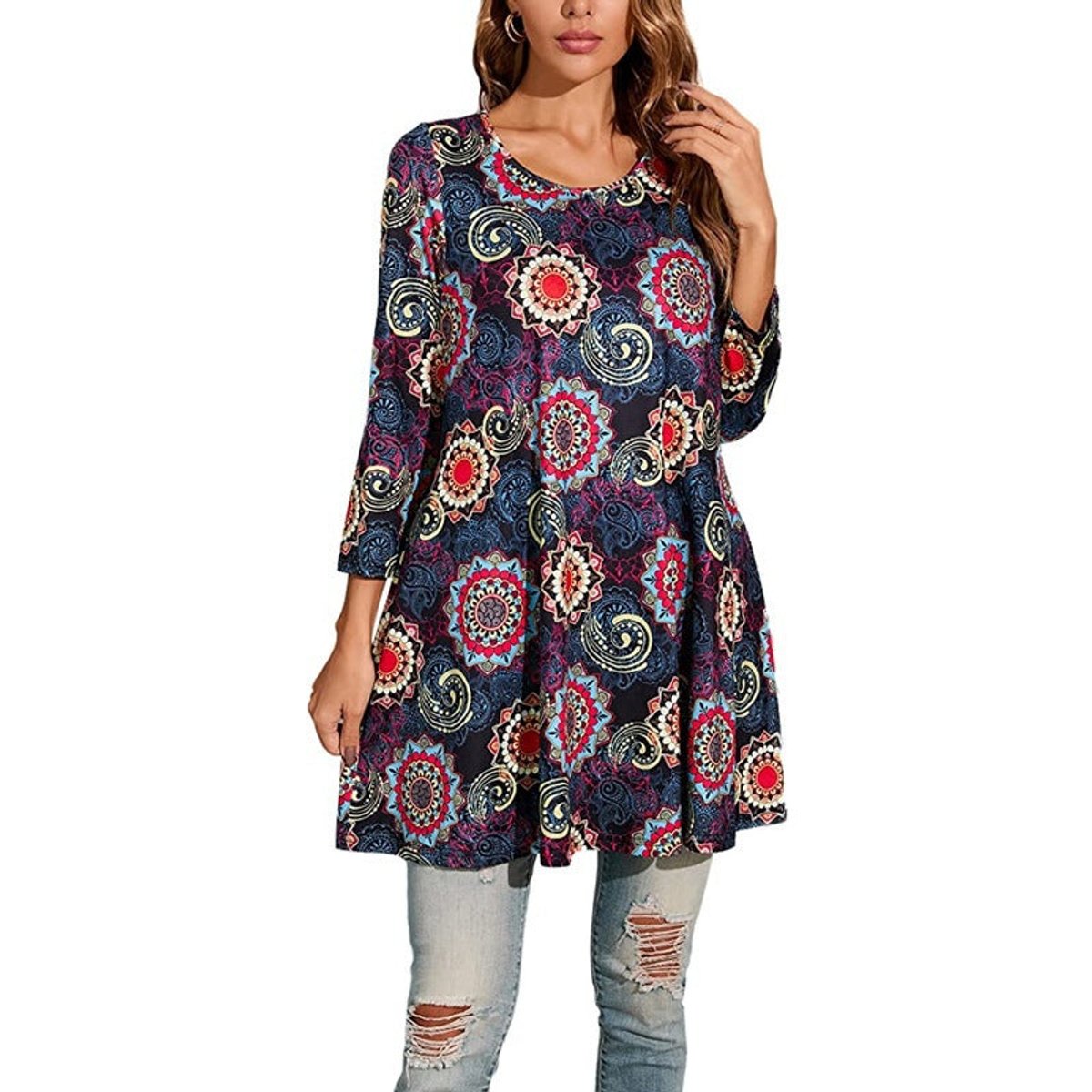Effortless Medallion Print Tunic Dress for Women with Round Neck Elbow Sleeve Swing Boho Style