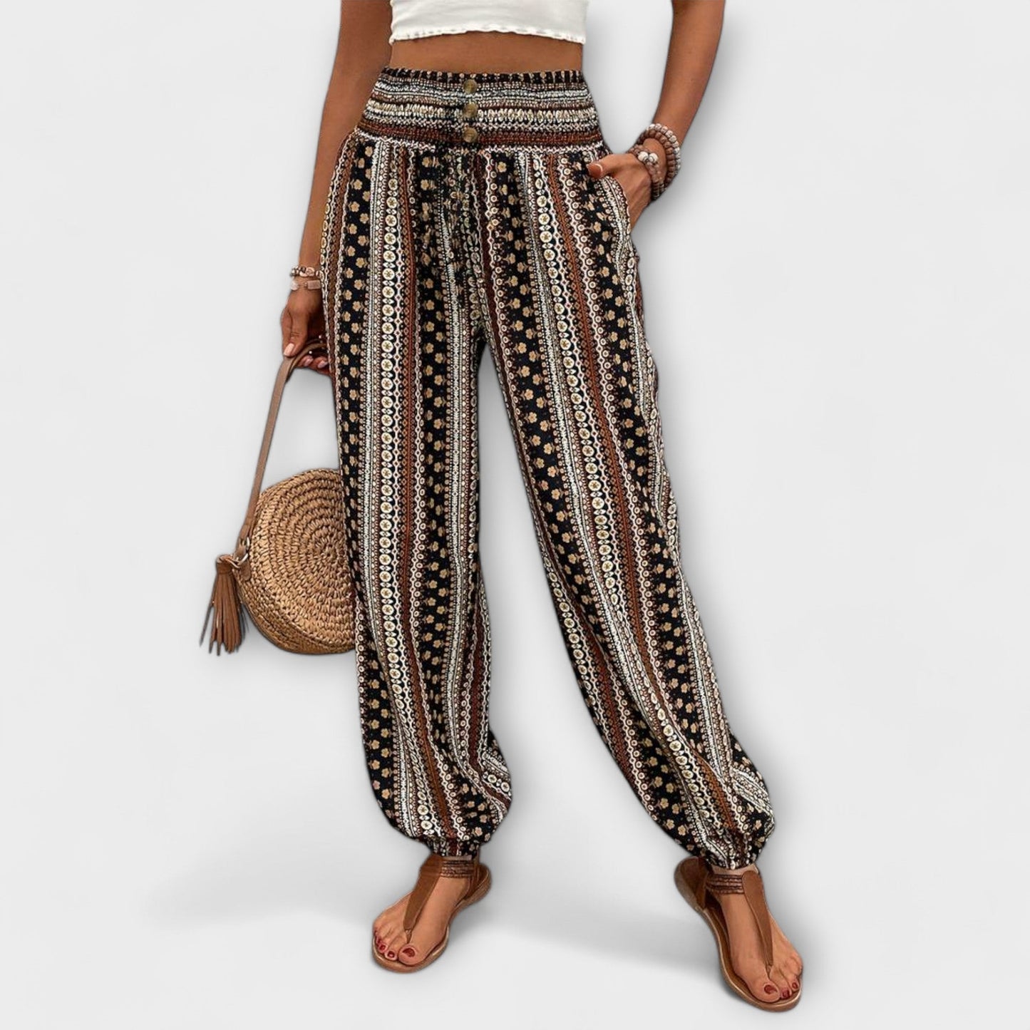 Effortless Boho Striped Print Pants for Women with High Waist Button Front Tapered Relaxed Style