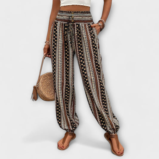 Effortless Boho Striped Print Pants for Women with High Waist Button Front Tapered Relaxed Style