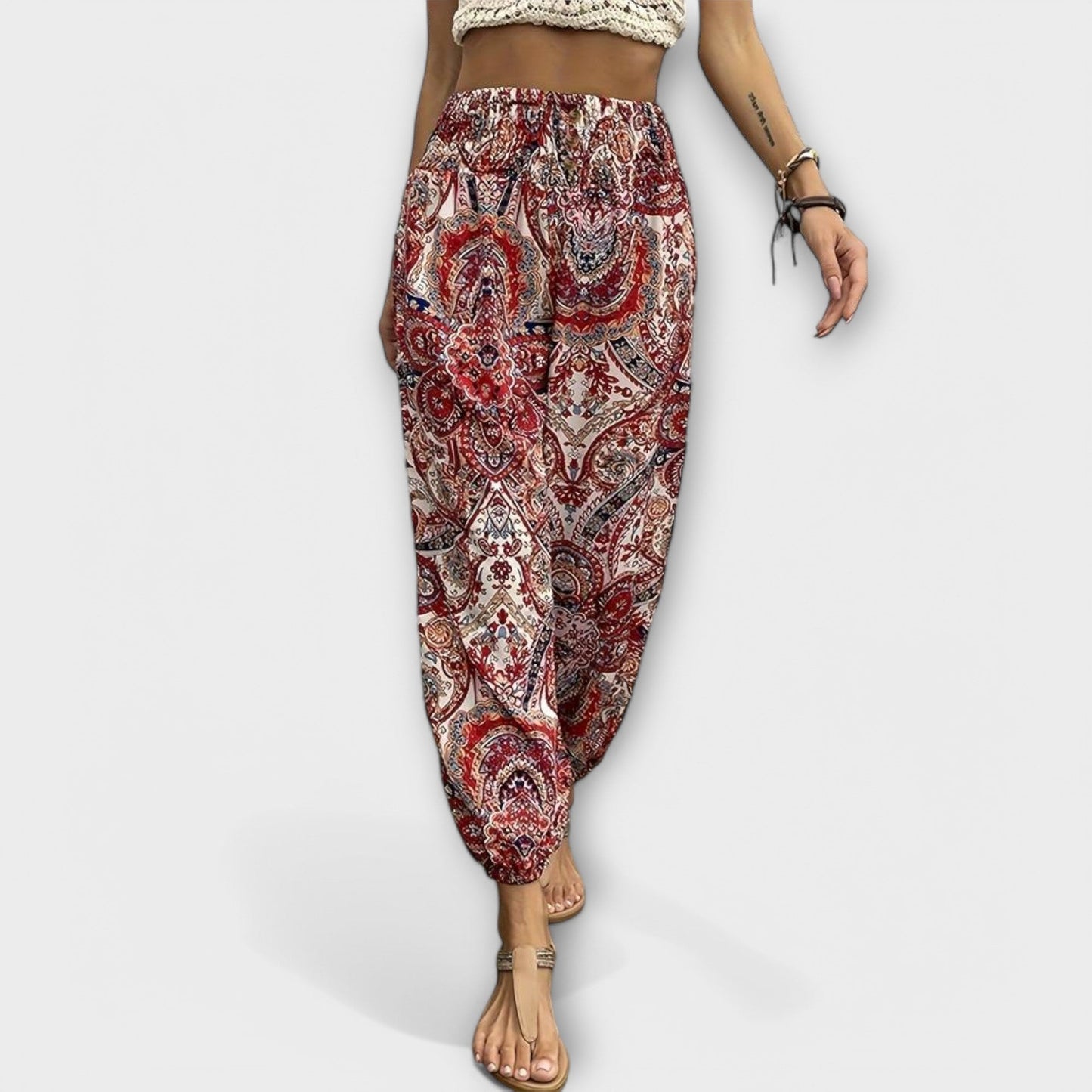 Effortless Boho Striped Print Pants for Women with High Waist Button Front Tapered Relaxed Style