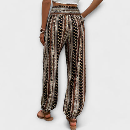 Effortless Boho Striped Print Pants for Women with High Waist Button Front Tapered Relaxed Style