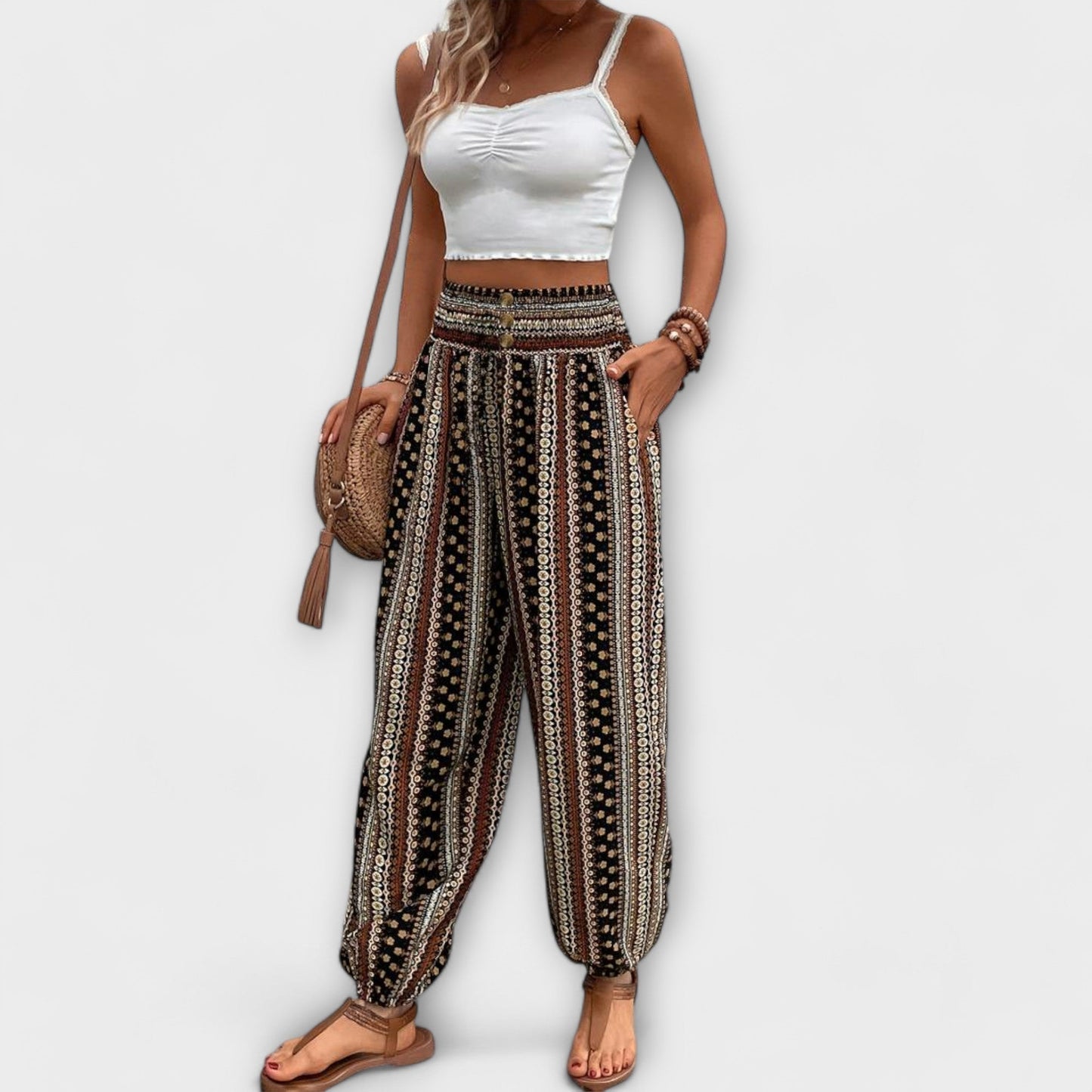 Effortless Boho Striped Print Pants for Women with High Waist Button Front Tapered Relaxed Style