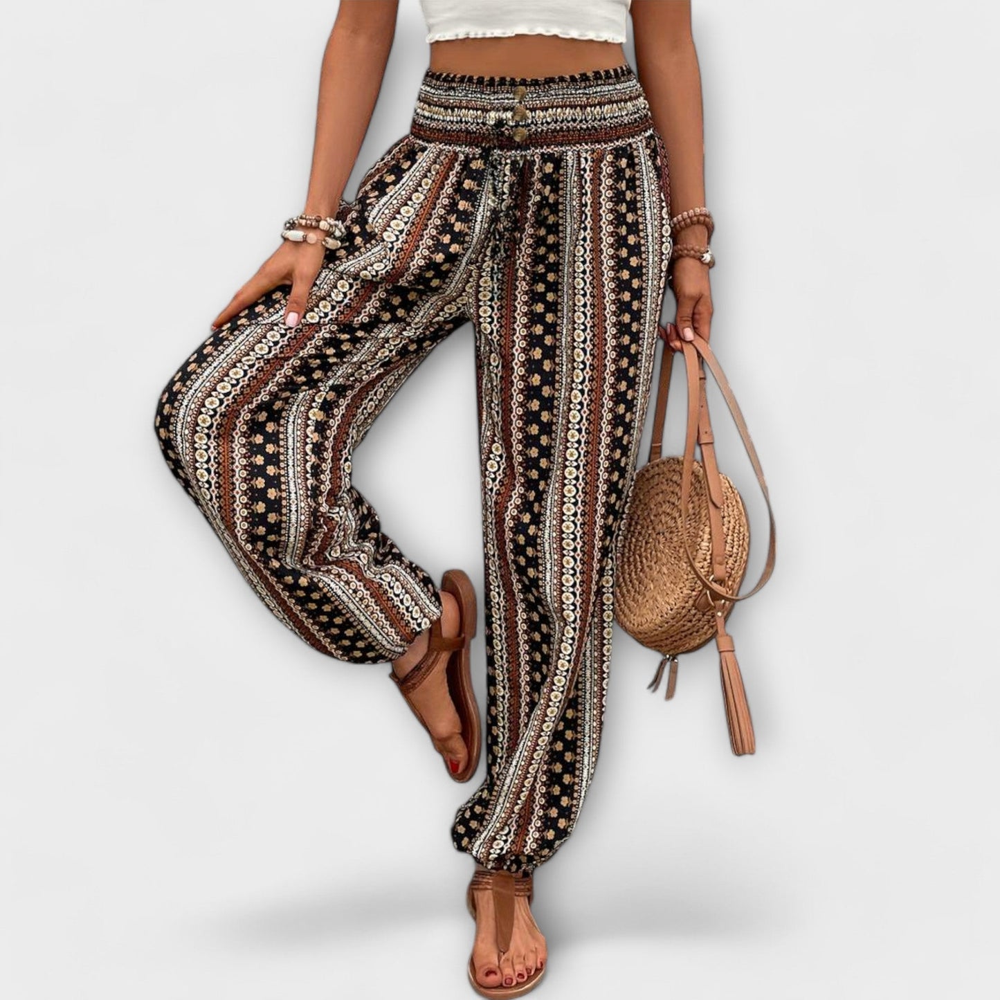 Effortless Boho Striped Print Pants for Women with High Waist Button Front Tapered Relaxed Style