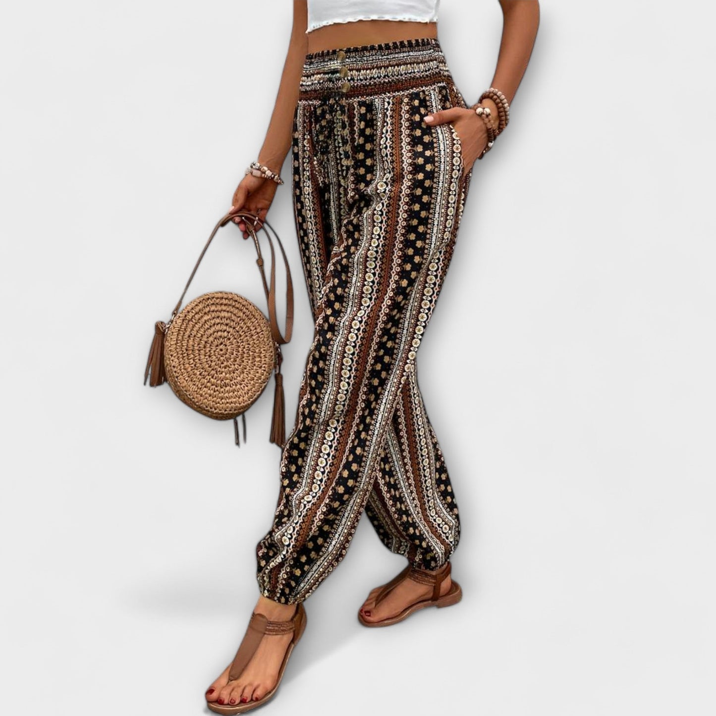 Effortless Boho Striped Print Pants for Women with High Waist Button Front Tapered Relaxed Style