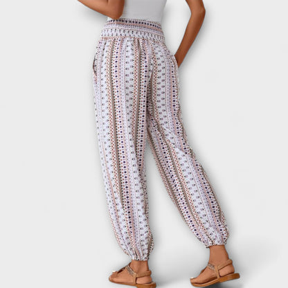 Effortless Boho Striped Print Pants for Women with High Waist Button Front Tapered Relaxed Style