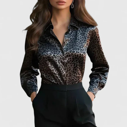 Elegant Animal Print Satin Blouse for Women with Collar Long Sleeve Button Front Relaxed Silky Style