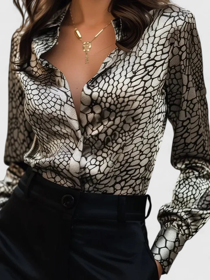 Elegant Animal Print Satin Blouse for Women with Collar Long Sleeve Button Front Relaxed Silky Style